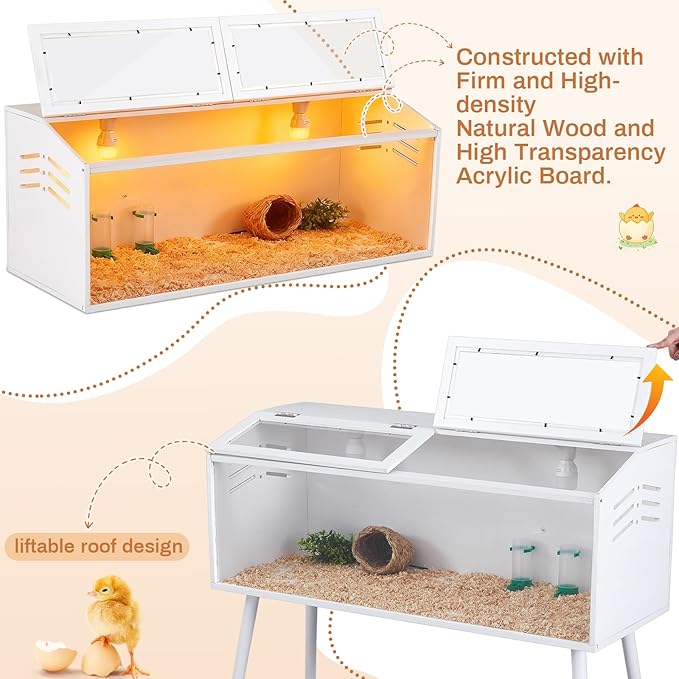 CroBlissful 40 x 16 x 16 in Brooder Box for Chicken Quails Stand Sliding Door, Bulb Set and Feeder, Indoor Chicks Coop Brooder Box Kit, for Ducks, Hamsters, Lizards, Mice, Rat (Table Legs, White)