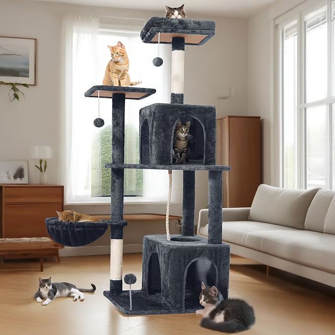 54-Inch Cat Tree Tower with 2 Caves & 2 Pompoms - Multi-Level Tower for Indoor Cats, Soft Plush Condo with Scratching Posts - Sturdy Base for Large Cats(Dark Gray)