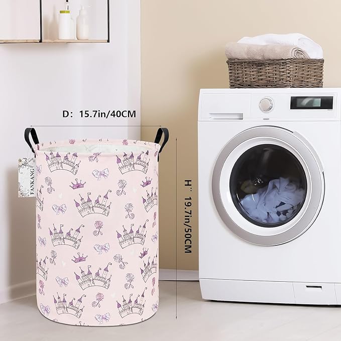 Storage Basket, Nursery Hamper Canvas Laundry Basket Foldable with Waterproof PE Coating Large Storage Baskets for Kids Boys and Girls, Office, Bedroom, Clothes,Toys(Princess Castle)
