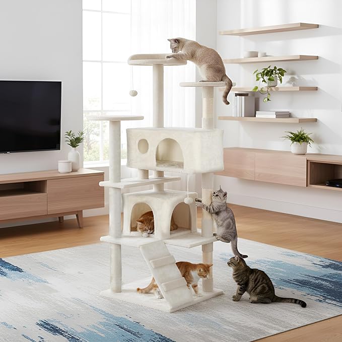 PayLessHere Cat Tree 62in Cat Tower with Cat Scratching Post,Multi-Level Cat Condo Stand House Furniture Kitty Activity Center with Furry Ball Toys Cat Tree for Indoor Cats,Beige