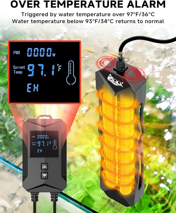 AQQA Aquarium Heater,64-95°F Fast Heating Double Quartz Glass Tube Fish Tank Heater,High-definition LCD Controller Displays Real-time Power,Anti-dry and Over-temperature Protection (1400W 260-380 Gal)