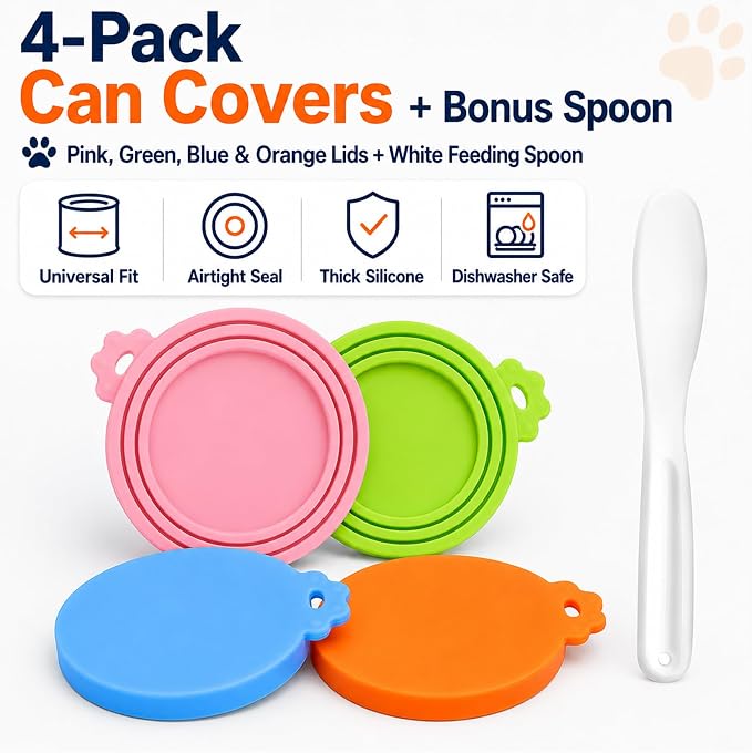 Lydia's Deal 4 Pack Universal Pet Food Can Covers, Silicone Lids for Dog and Cat Cans, Fit Most Standard Sizes (Multicolor)