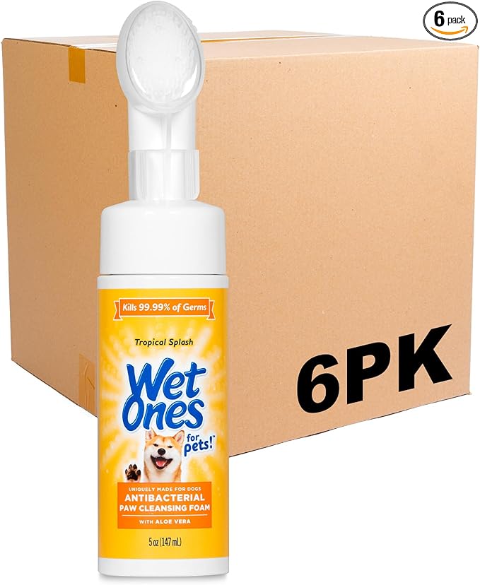 Wet Ones for Pets Antibacterial Dog Paw Cleaner with Built-in Brush, Foaming No-Rinse Formula for Cleaning Dirty Paws After Walks, Gentle Everyday Paw Wash for Dogs, 5 Oz - 6 Pack