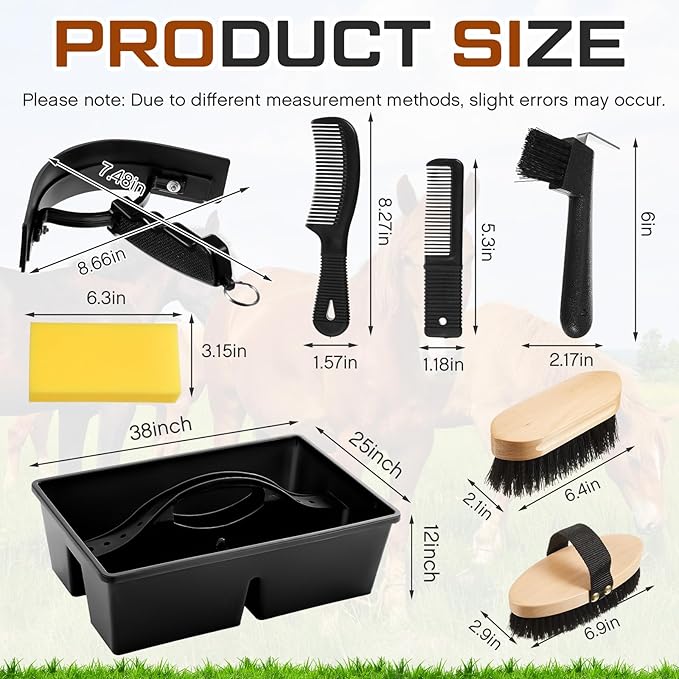 8 Pc Horse Grooming Kit - Includes Grooming Box, Face & Body Brush, Sweat Scraper, Hoof Pick, Mane & Tail Comb, Bathing Sponge - Gift for Horse Riders & Beginners