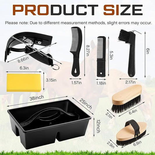 8 Pc Horse Grooming Kit - Includes Grooming Box, Face & Body Brush, Sweat Scraper, Hoof Pick, Mane & Tail Comb, Bathing Sponge - Gift for Horse Riders & Beginners