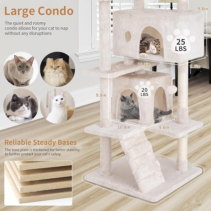 PayLessHere Cat Tree 54in Tower with Cat Scratching Post,Multi-Level Stand House Furniture Kitty Activity Center with Furry Ball Toys for Indoor (Beige)