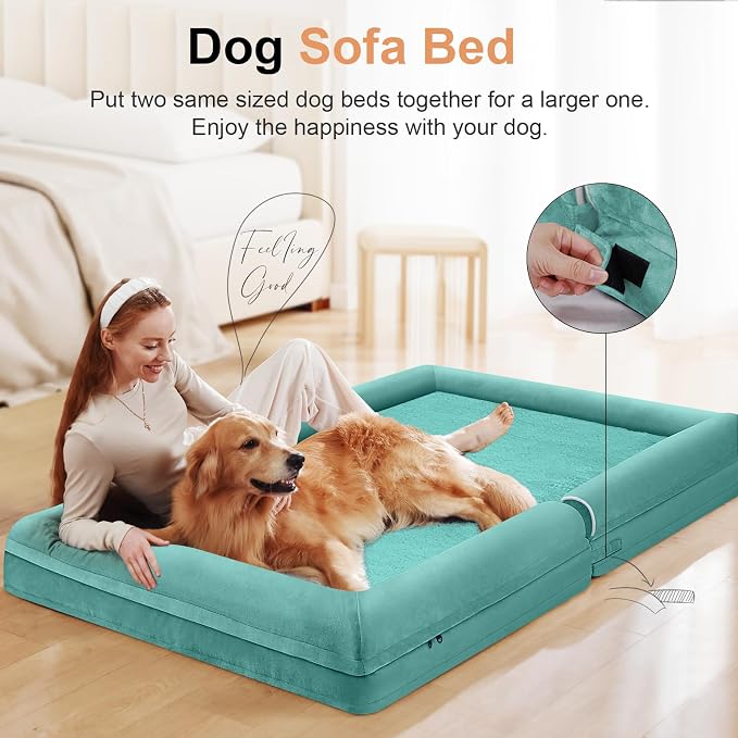 NANUYA Orthopedic Dog Bed for Jumbo Dogs, 53 x 42 Inch, Aqua Blue | Egg crate foam for joint support, 3-sided bolster pet sofa, waterproof lining, washable cover, and non-skid base