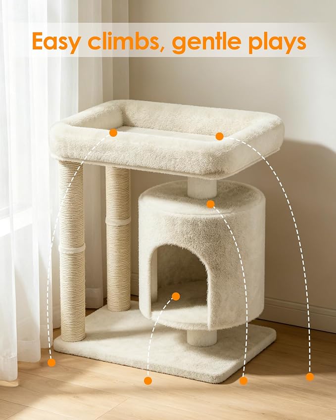 Small Cat Tree, Cat Tree for Large Cats with Perch Bed, Dual Sisal Scratching Posts, Cozy Condos for Indoor Cats Kittens, Beige