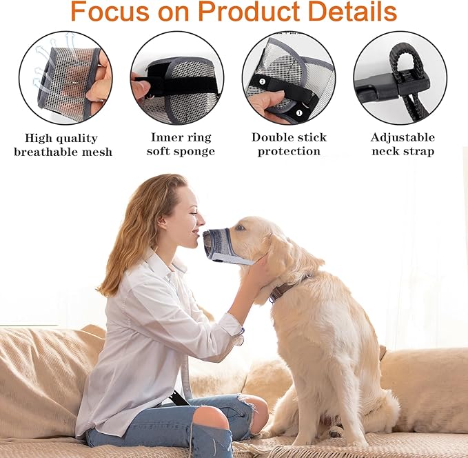 Dog Muzzle for Medium Large Dogs, Gray Soft Nylon Mesh Mask for Biting Chewing Scavenging, Breathable Barking Mouth Guard with Adjustable Straps for Vet Visit & Grooming