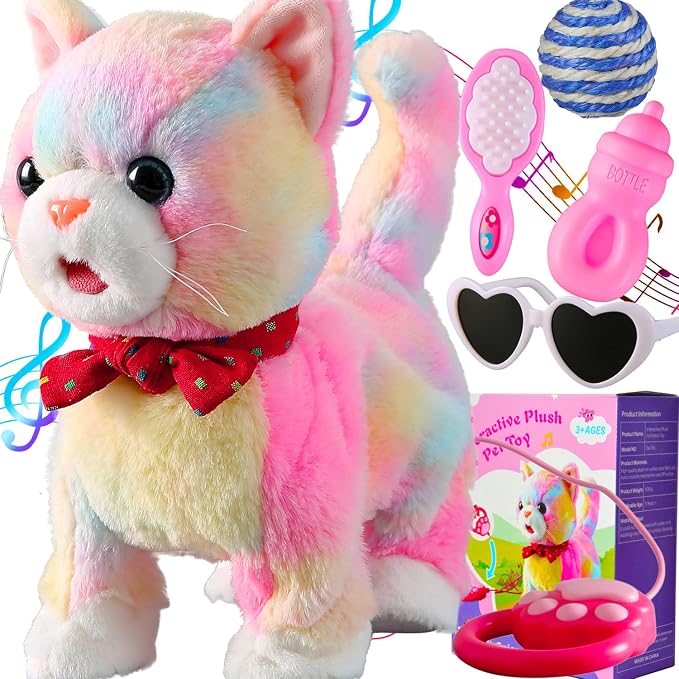 Rainbow Walking Cat Toy for Kids Kitty Toys for Girls Kitten Set that Talking Meows Singing Dancing Repeat What You Say Touch and Voice Control Plush Electronic Robot Kitties for Baby Toddlers