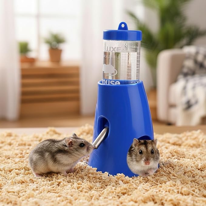Hypeety Hamster Water Bottle with Base Hamster Automatic Water Dispenser Cage Accessories for Dwarf Hamster Mouse Rat Hedgehog Guinea Pig 80ML (Blue, 80ml)