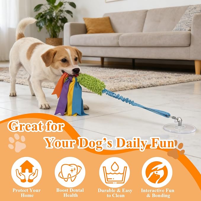 Suction Cup Dog Toys for Small Medium Dogs, Tug of War Rope Toy for Puppy Teething, Interactive Enrichment that Sticks to Floor for Indoor Play (2 Colorful Ropes)
