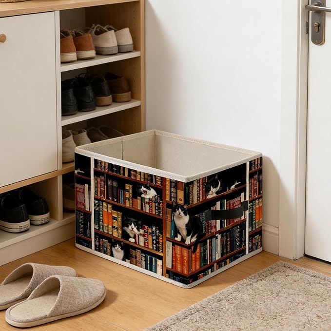 Vintage Cat Book Lovers Storage Bins, Bookish Tuxedo Cat Foldable Closet Organizers Storage Basket Toybox for Reading Corner Room Library Bedroom Bathroom Home Clothes Toys Books
