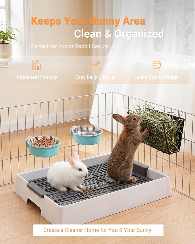 4-in-1 Rabbit Litter Box & Hay Feeder for Bunny and Guinea Pig, Upgraded Bunny Litter Box with 2 Stainless Bowls, Dustpan & Broom – Rabbit & Guinea Pig Accessories