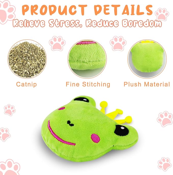 Andiker Cat Catnip Toys, 3Pcs Cat Interactive Toys for Indoor Cats, Soft Plush Kitten Chew Toys with Crinkle Paper for Relieve Stress, Reduce Boredom, Teething (Frog)