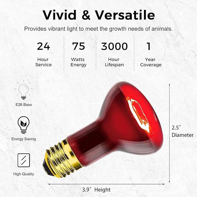 Reptile Heat Lamp 75W, Heat Lamp Bulbs for Reptiles and Amphibians, UVA Daylight Basking Light Suitable for Bearded Dragons, Lizards, Turtles, and Chickens (2 Pack)