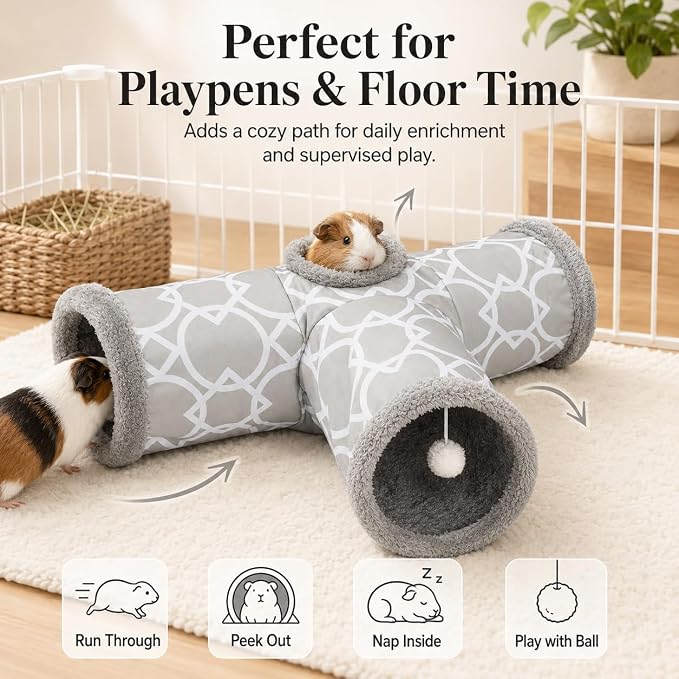 Plush Inside 3-Way Shape Small Animals Tube Tunnel with Interactive Ball for Guinea Pig, Hamster, Chinchilla, Hedgehog Hiding and Resting, Geometric Grey