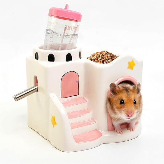 Ceramic Hamster Hideout - 3-in-1 Small Animal Climbing Feeding Hideaway House with Water Bottle, Pink Castle Shaped Chew Proof Mini Summer Cooling Hut Cage for Dwarf Hamster Mice Rat
