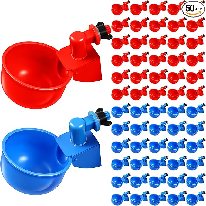 Tanlade 50 Pcs Automatic Chicken Waterer Cups Chicken Feeder for PVC Pipe Waterer Kit for Poultry Duck Goose Turkey Bunny (Red,Blue,Classic)