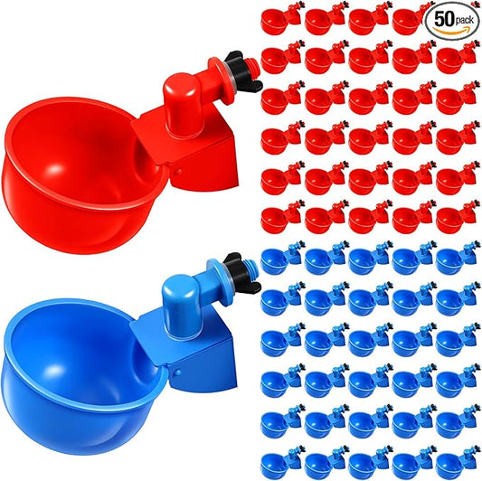 Tanlade 50 Pcs Automatic Chicken Waterer Cups Chicken Feeder for PVC Pipe Waterer Kit for Poultry Duck Goose Turkey Bunny (Red,Blue,Classic)
