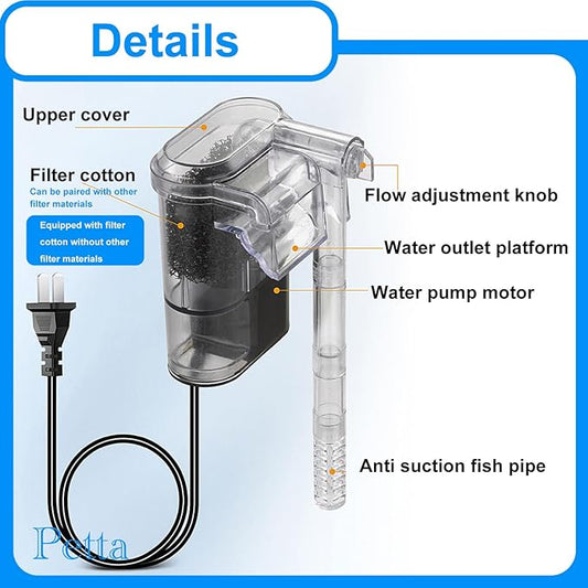 Quiet Hang on Aquarium Filter for Betta, Slim HOB Fish tank Filter for 3-10 Gal Planted Aquariums & Aquascaping with 1 Pre-Filter Sponge ，Adjustable Flow，250L/H