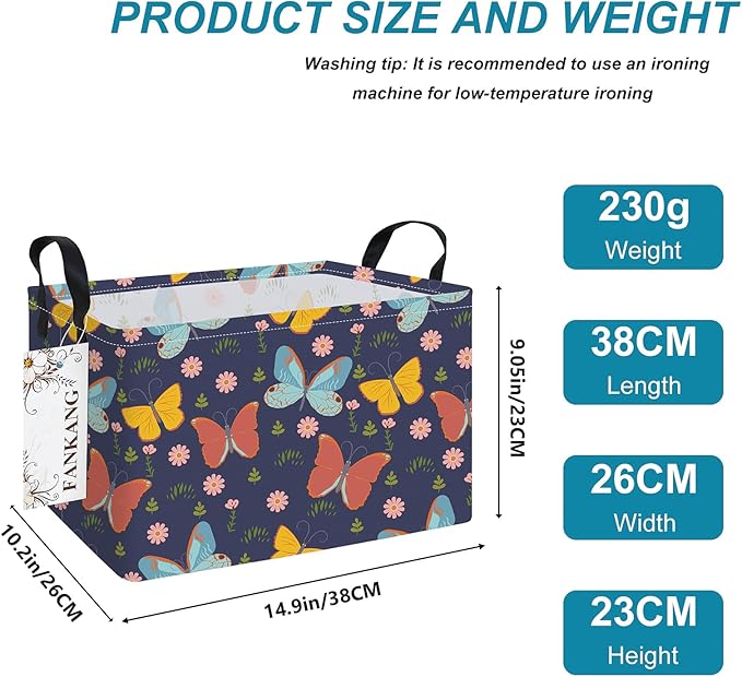 Storage Bins, Nursery Hamper Canvas Laundry Basket Foldable with Waterproof PE Coating Large Storage Baskets for Kids Boys and Girls, Office, Bedroom, Clothes,Toys(Rec-Colorful Butterfly ）