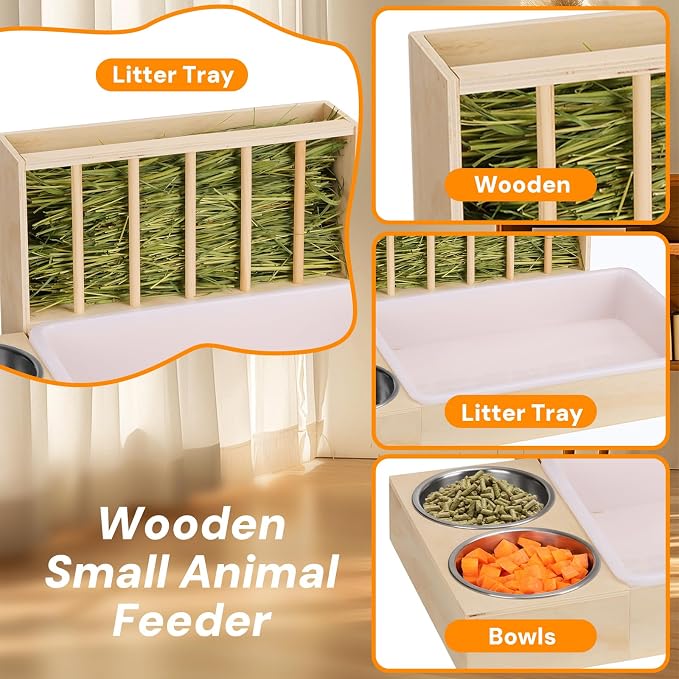3 in 1 Bunny Litter Box with Hay Feeder, 2 Food Bowls | Potty Trainer for Rabbits, Guinea Pigs, Chinchillas, and Small Animals,Large Capacity,Preventing Waste