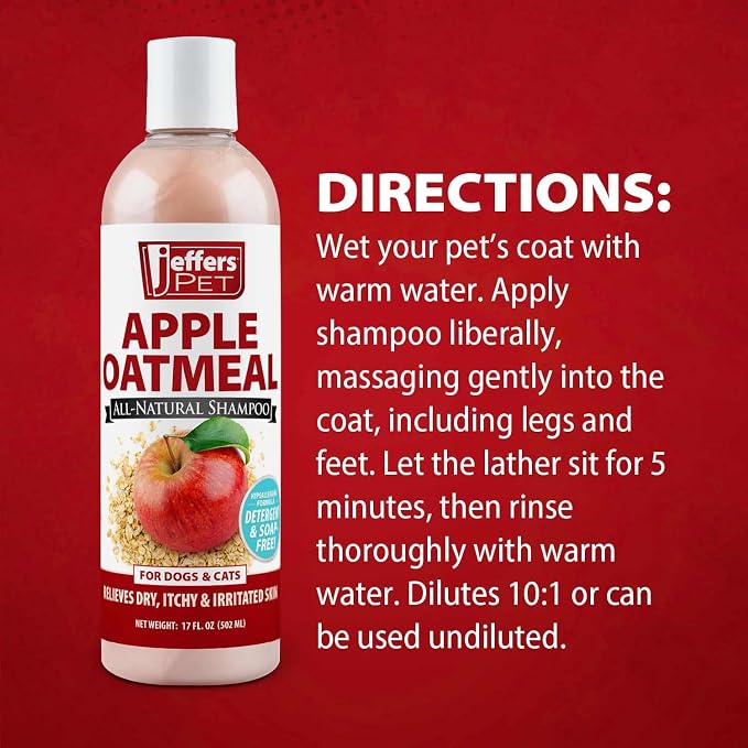 Jeffers Pet Apple Oatmeal Shampoo for Dogs & Cats, 17 oz - Gentle Coconut Based Formula w/Colloidal Oat Protein, Soap Free, Deodorizing Apple Scent, Sensitive Skin, Puppies Kittens Grooming Care