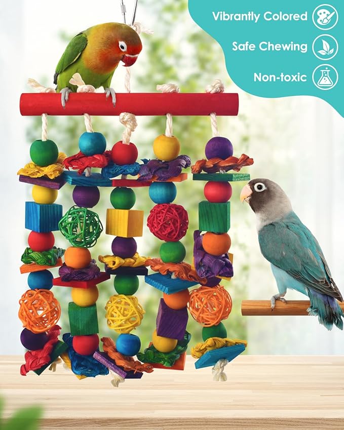 DBNESS Bird Toys, 3PCS Parrot Foraging Hanging Toy, Multicolored Natural Wooden Blocks Parakeet Chewing Toys mit Rattan Wicker Balls, for Medium Small Cockatoos Budgie Lovebird Cockatiel Conure
