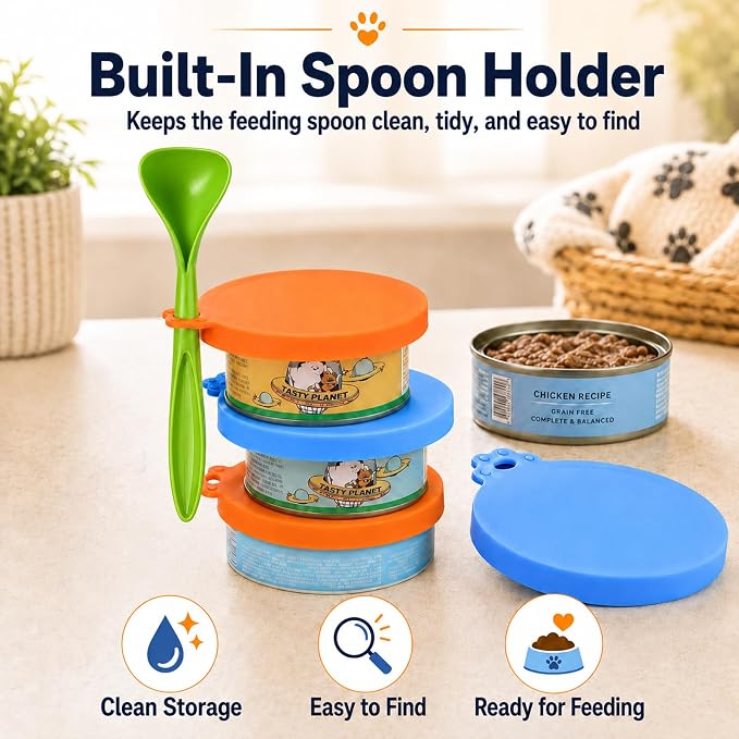 Lydia’s Deal Pet Food Can Covers 2-Pack, Thick Silicone Universal Can Lids for Dog & Cat Food, Fits 3oz/5.5oz/12oz, Airtight Seal, Durable & Dishwasher Safe, Easy Grip with Spoon (Blue & Orange)