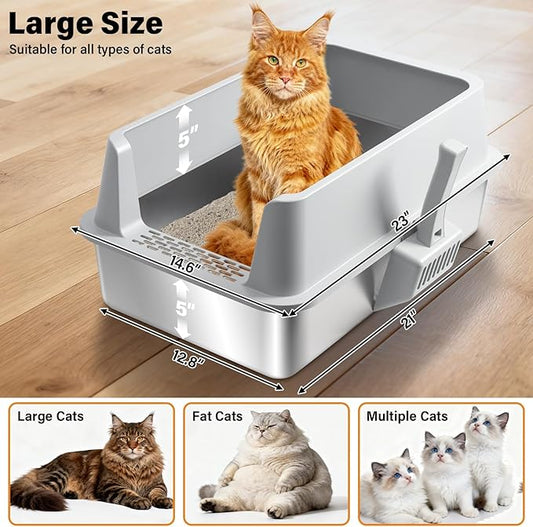 Stainless Steel Litter Box,XL Metal Cat Litter Box with High Sides Lid, Extra Large Litter Boxes for Big Cats,Odor-Resistant, Scratch-Proof, Easy to Clean, Non-Stick,Scoop Included