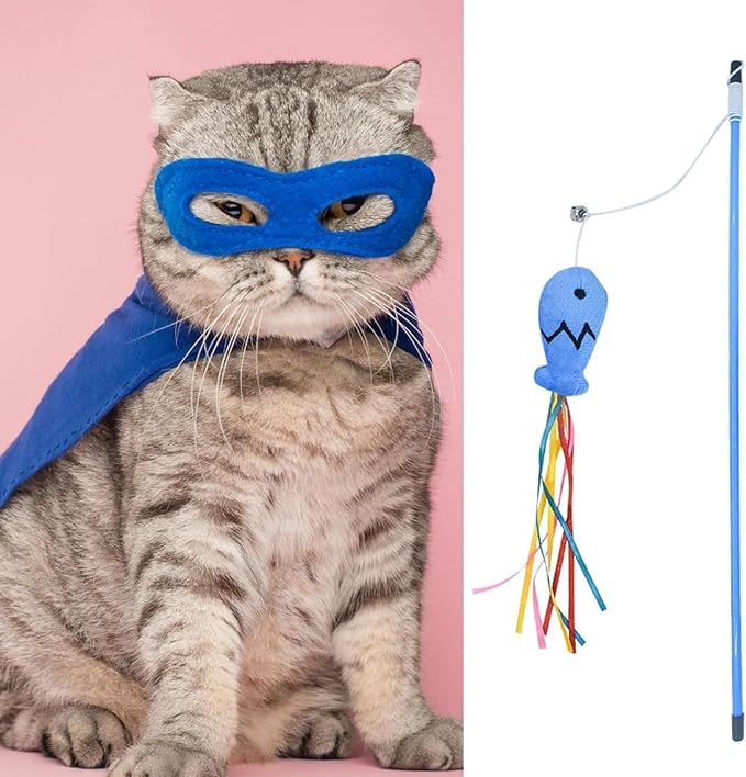 2Pcs Blue Cat Wand Kitten Teaser Stick Portable Cat Teaser Fish Design Safe Colorful Balls Cats