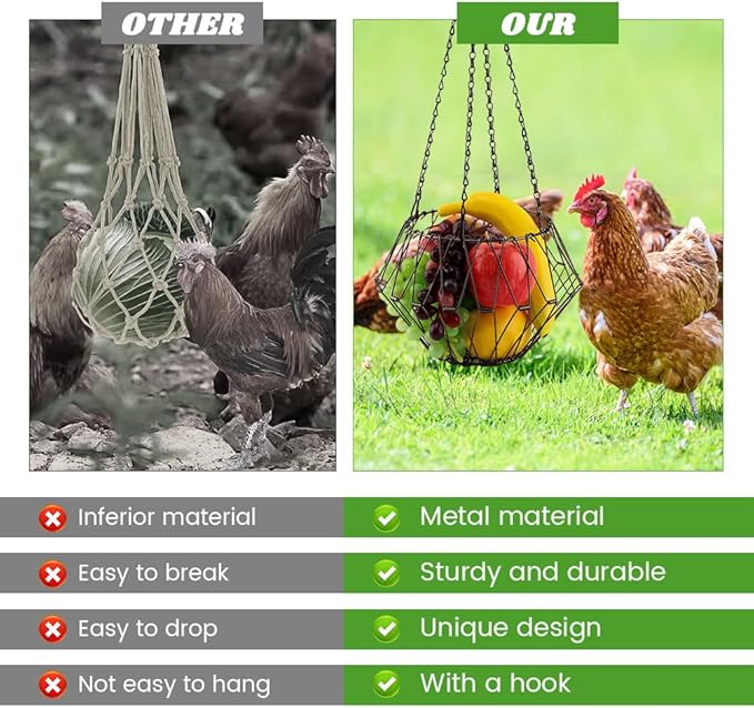 Hanging Chicken Feeder, 9.2 inches Large Poultry Vegetable Fruits Feeder Basket with 4Pcs Hanging Stainless Chain, Veggie Treat Ball for Chicken,Hens,Duck,Rabbit Coop(Size:2pcs)