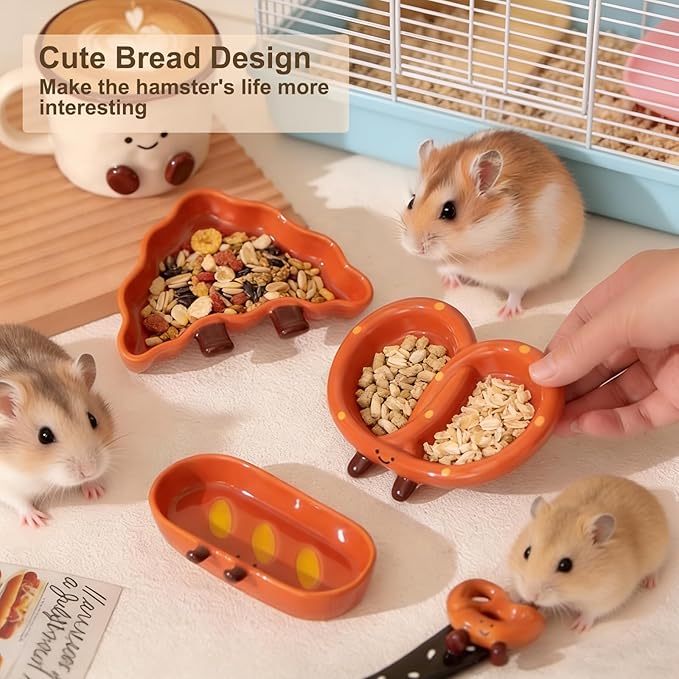 2PCS Hamster Bowl, Bread Shaped Hamster Food Dish Ceramic Food Water Feeding Bowl Small Animal Bowls for Gerbil Rat Hedgehog (French Bread)