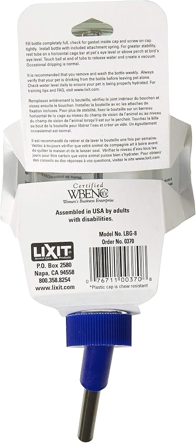 Lixit 30-0370-024 Glass Water Bottle for Birds and Small Animals, 8-Ounce