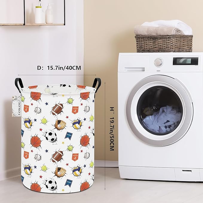Storage Basket, Nursery Hamper Canvas Laundry Basket Foldable with Waterproof PE Coating Large Storage Baskets for Kids Boys and Girls, Office, Bedroom, Clothes,Toys(3D Sports Balls)