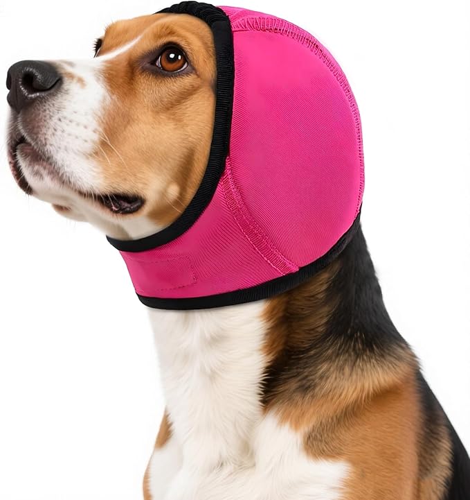 Dog Calming Hoodie,No Shake Ear Wraps for Dogs,Ear Cover for Noise Protection Anxiety Relief,Swim Cap Bath Blow Drying Headband,for Fireworks Grooming Bathing,Vet Visit,Rosered,M