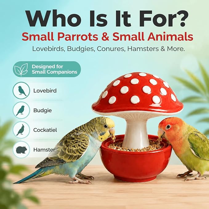 Ceramic Mushroom Bird Feeder No Mess, Spill Proof Bird Food and Water Bowl for Cage, Covered Dispenser for Parakeet, Budgie, Cockatiel, Lovebird, Hamster Accessories, 4.3" Tall