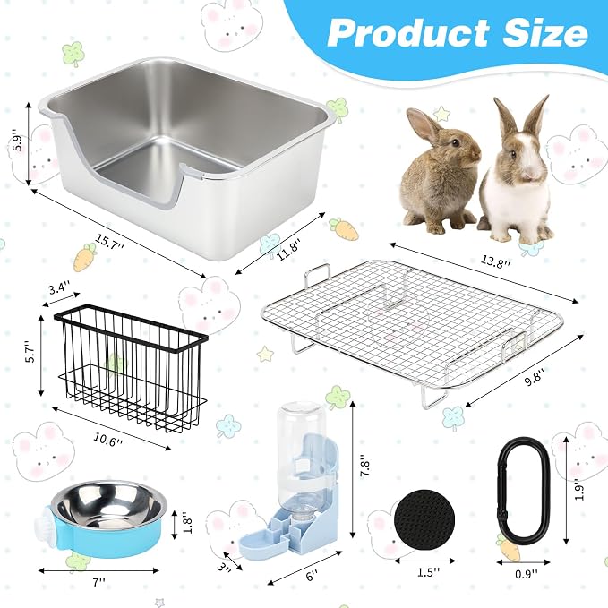 YUEPET 4-in-1 Large Rabbit Litter Box, Non-Slip Stainless Steel Litter Boxes with Sifting Grid & Hay Feeder Food Bowl, Easy Cleaning Bunny Litter Box with Odor Control for Rabbits Small Pets（S）