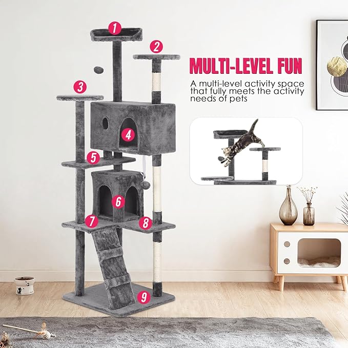 PayLessHere Cat Tree 70in Tower with Cat Scratching Post,Multi-Level Cat Condo Stand House Furniture Kitty Activity Center with Furry Ball Toys Cat Tree for Indoor Cats,Light Grey