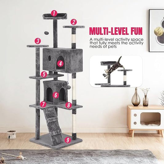PayLessHere Cat Tree 70in Tower with Cat Scratching Post,Multi-Level Cat Condo Stand House Furniture Kitty Activity Center with Furry Ball Toys Cat Tree for Indoor Cats,Light Grey