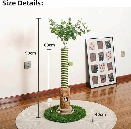 Cat Scratching Post, Two Tone Tall Sisal Scratch Pole For Indoor Cats,Artificial Turf Base Cat Tower With Hanging Toy,Double Ball Track & Simulated Mouse Hole,Strong Post For Kittens/Cats (35 in Post)