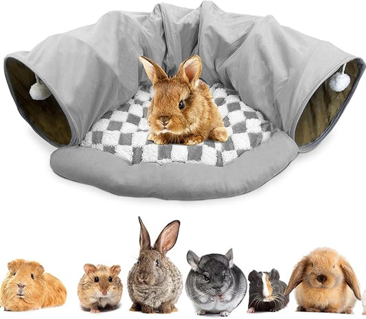 PINVNBY Bunny Tunnel Bed 2-in-1 Removable and Cozy Large Guinea Pig Hideout Tunnel Washable Small Animal Tunnels Tube Toys Guinea Pig Accessories for Rabbit Chinchilla Hedgehog Ferret (Gray)
