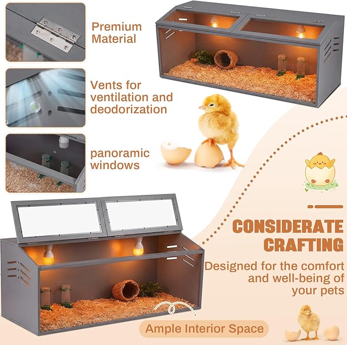 CroBlissful 40 x 16 x 16 in Brooder Kit Box for Chicken Quails Indoor Outdoor with Leg Stand Sliding Door, Bulb Set and Feeder, Baby Chicken Coops for Ducks, Hamsters, Lizards, Mice, Rat(Grey)