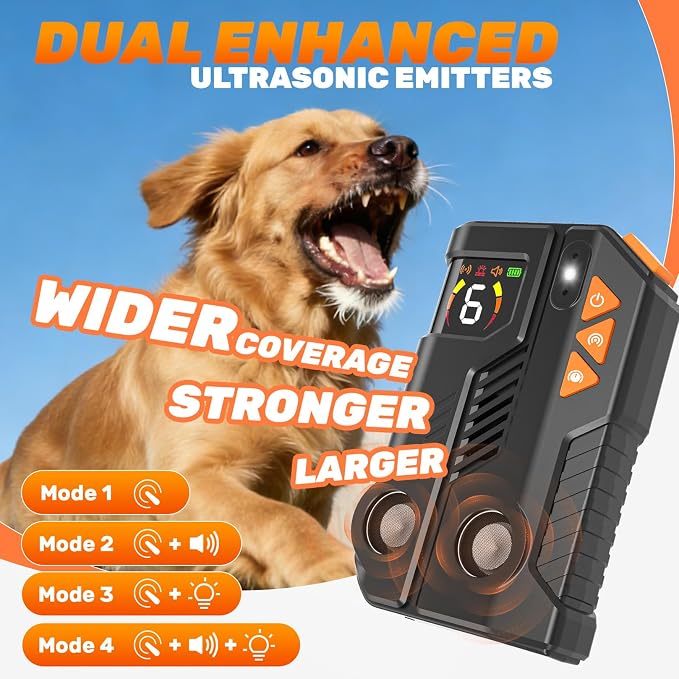 2026 Anti Barking Device for Dogs, Automatic Ultrasonic Dog Bark Deterrent with AI Detection, 2 Enhanced Emitters, 4 Adjustable Modes, IPX6 Rechargeable Stop Barking Device for Indoor Outdoor