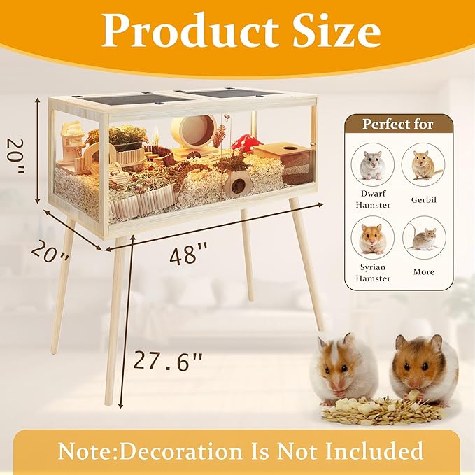 PROLEE Hamster Cage Chewproof, Mice and Rat Habitat with Transparent Sides, Hamster Cage with Openable Mesh Top, Solid Built with Lock Design and Leg Stand, 48" inch