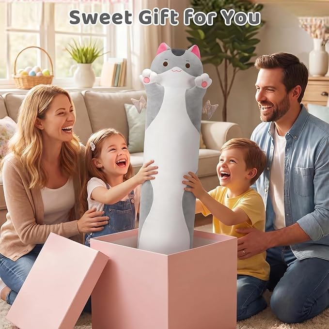 Mewaii Long Cat Plush 5 Sizes, 120% Extra Filling Giant Plushness Kids Body Pillow, Kawaii Cute Grey Cat Stuffed Animals Plushies, Big Long Body Pillow Cat Plush Gift for Girls 36”