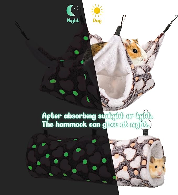 Mogoko Noctilucent Luminous Brown Guinea Pig Rat Hammock Bunkbed Hanging Tunnel and Soft Bed Mat for Ferret Hedgehog Squirrel Hideout Cage Accessories (Tunnel and Bunkbed Hammock)