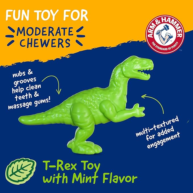 Arm & Hammer Nubbies Denta-Saurus T-Rex Dog Dental Chew Toy, Mint Flavor, for Moderate Chewers, Nylon, Reduces Plaque and Tartar Without Brushing, Baking Soda Infused - 24 Pack