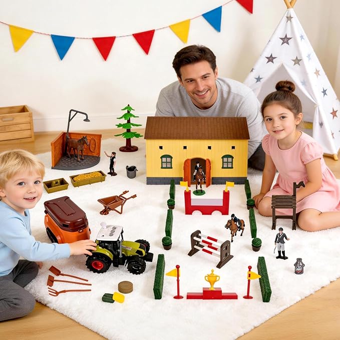 Horse Club Riding Arena, Horse Stable Playset,Tractor with Trailer, Equestrian Washing Area,Riders Figures,Horse Figurine, Obstacle Accessory Set - Barn Toys for 3-7 Years Old Kids Boys Girls Toddlers